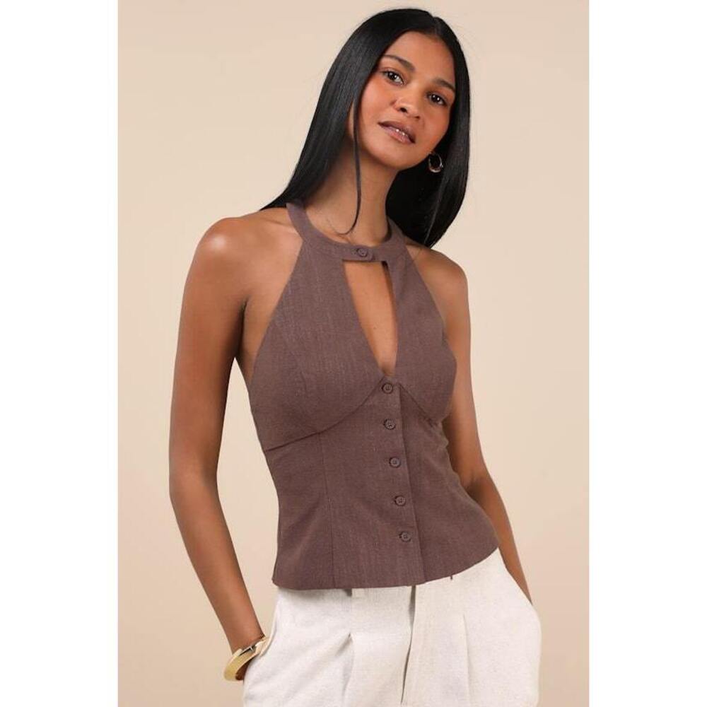 Lulus Pamula Brown Halter Button-front Top - Size L NWT